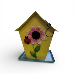 Yellow Birdhouse with Pink Flower and Ladybug